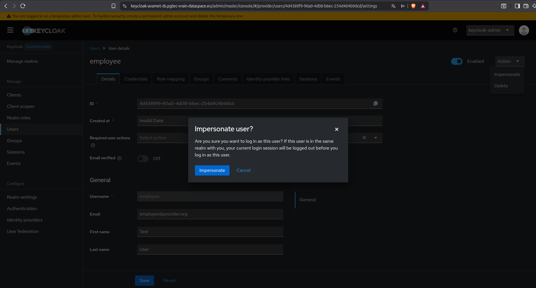 Keycloak Impersonate user