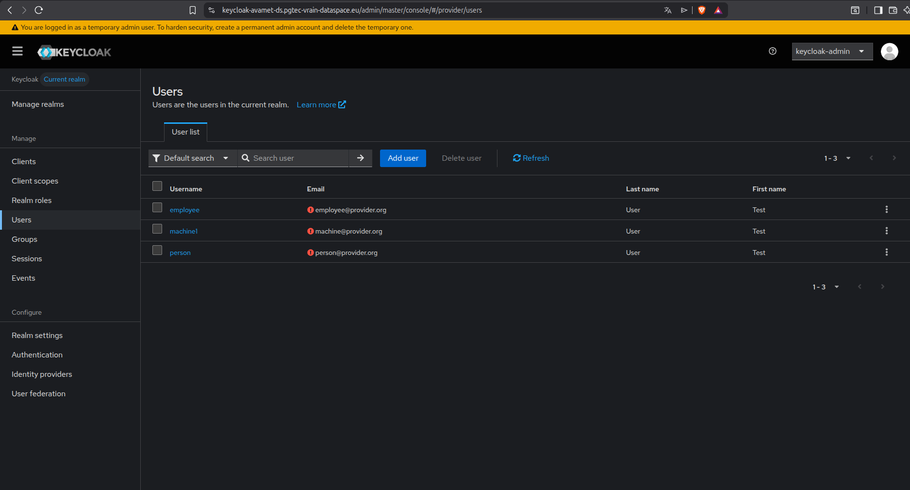 Keycloak Users list