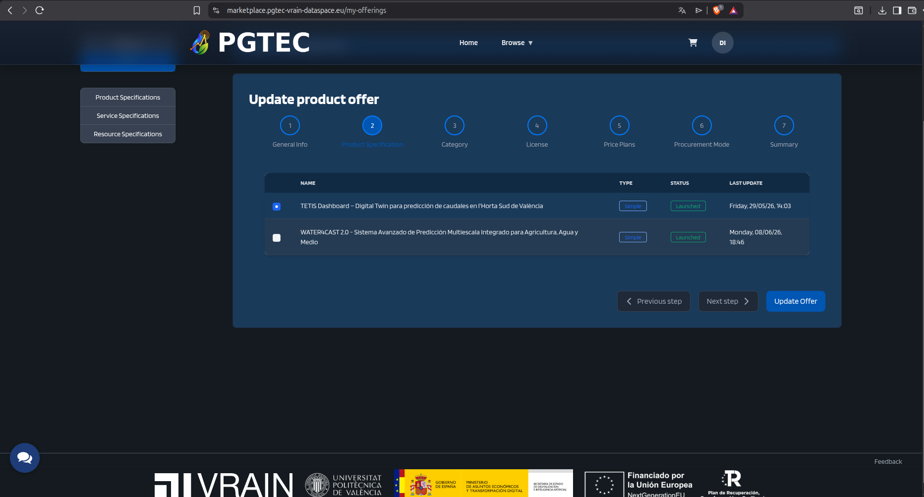Product Offer - step 2: select product specification