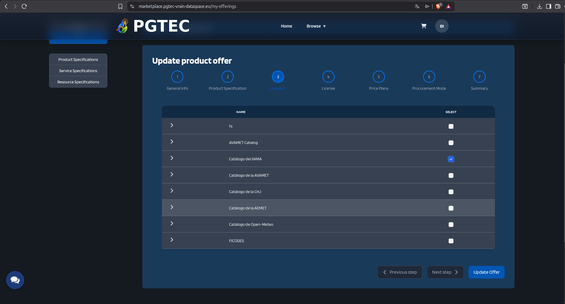 Product Offer - step 3: select catalogue