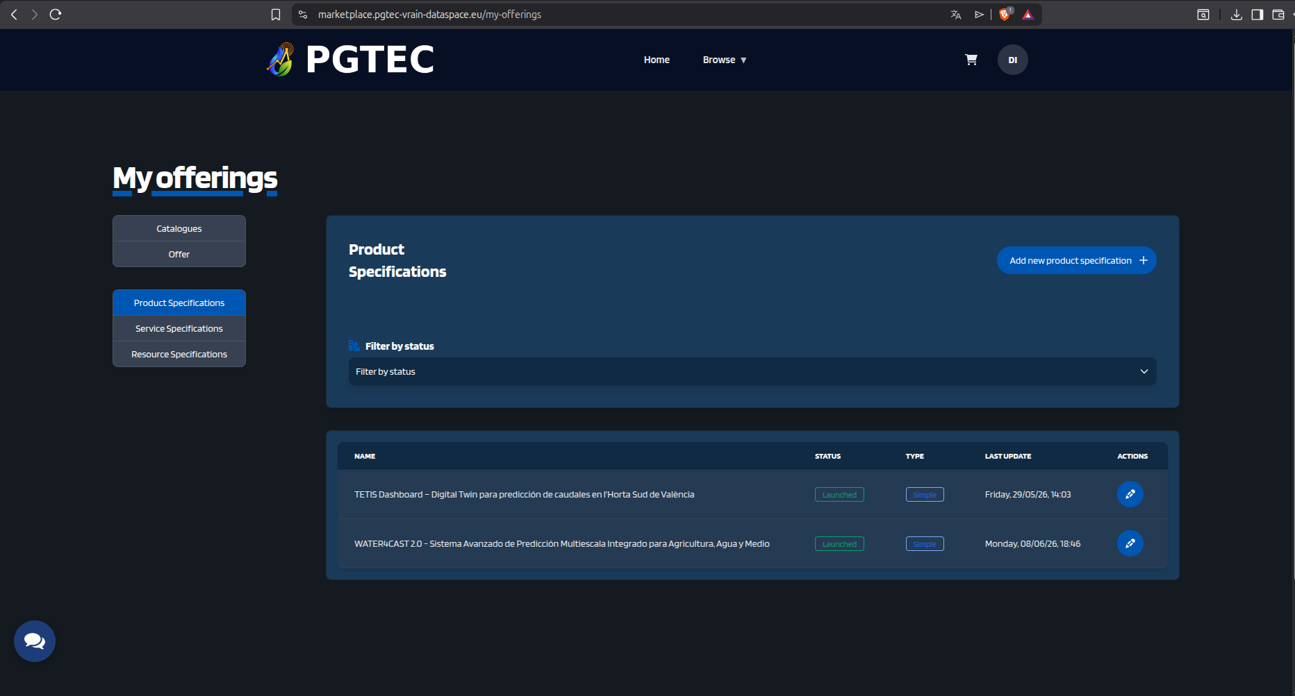 Product Specification menu