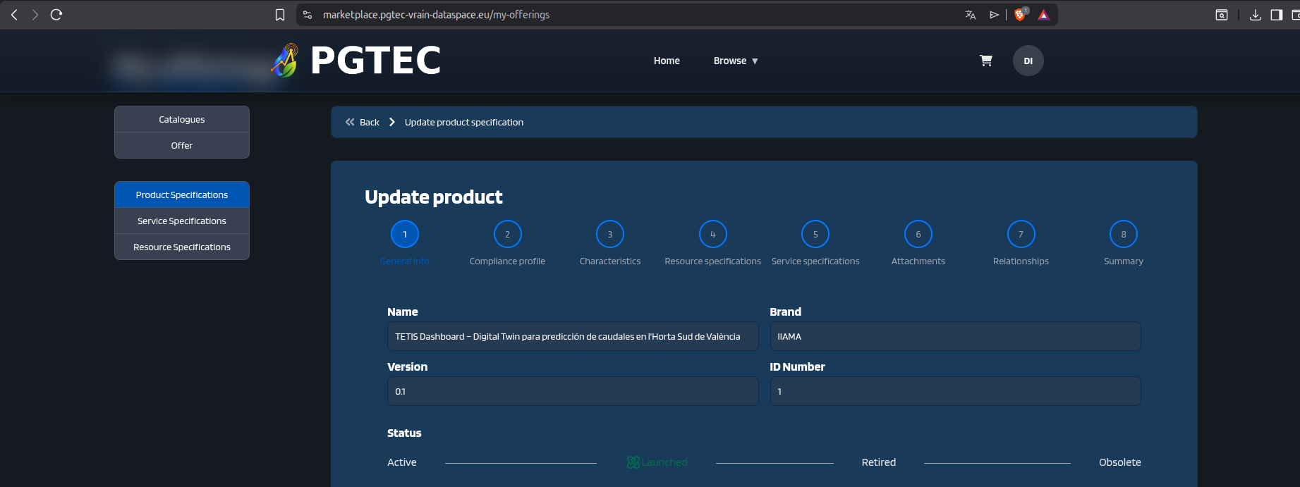 Product Specification - set status to Launched