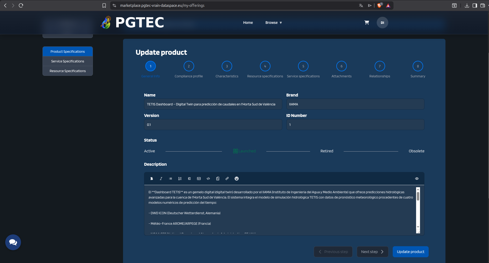 Product Specification - step 1: title and description