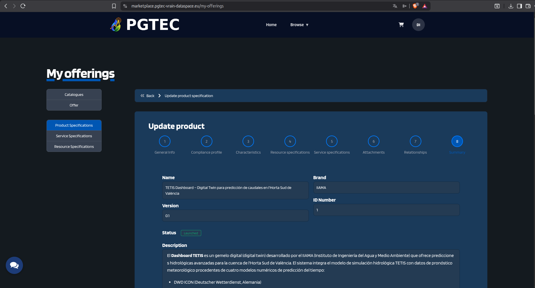 Product Specification - step 8: summary